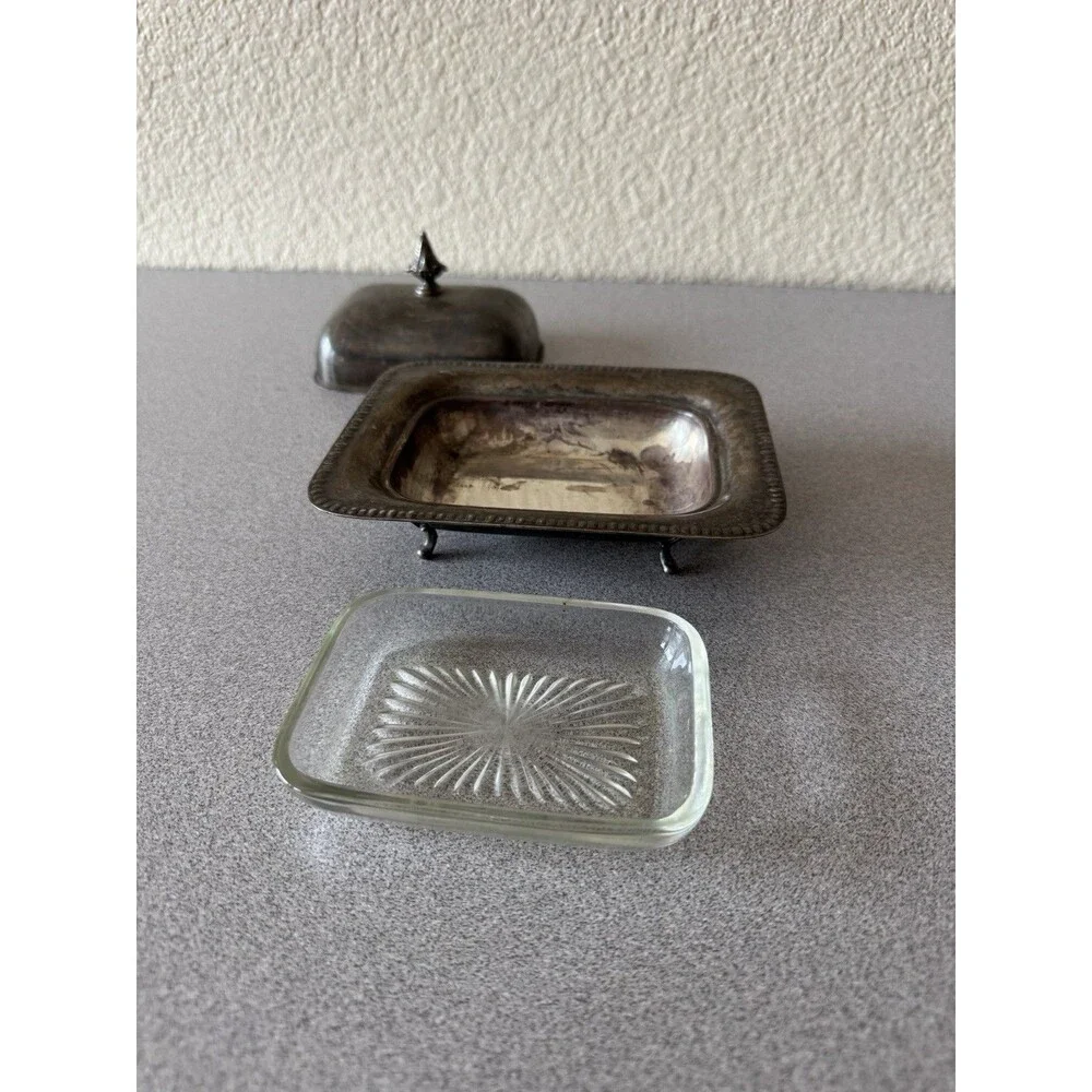 Vintage Silverplate Footed Butter Dish w/ Glass Insert Covered Butter Server 6”